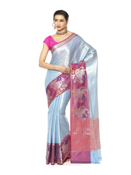 Banarasi Silk Works - Blue Zari Kanchi Silk Tanchoi Meena Saree with Unstitched Blouse