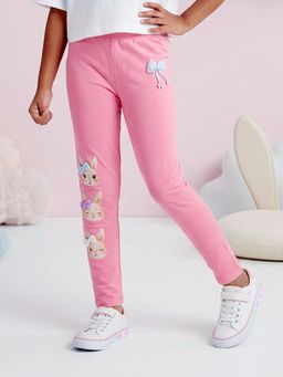 KiddoPanti - Girls Cotton Spandex Cute Rabbit Face And Bow Detail Pink Leggings