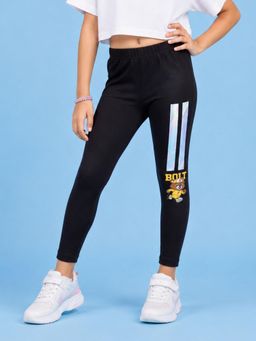 KiddoPanti - Girls Cotton Spandex Bolt Bear And Holographic Dual Stripe Leggings