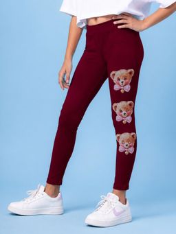 KiddoPanti - Girls Cotton Spandex Cute Teddy Bear Face Print Leggings