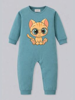 BLUSHES - Full Sleeves Cat Graphic Print Romper - Blue