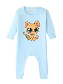 BLUSHES - Full Sleeves Cat Graphic Print Romper - Aqua Blue