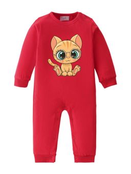 BLUSHES - Full Sleeves Cat Graphic Print Romper - Red
