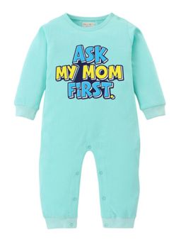 BLUSHES - Full Sleeves Ask My Mom First Text Print Romper - Sea Green