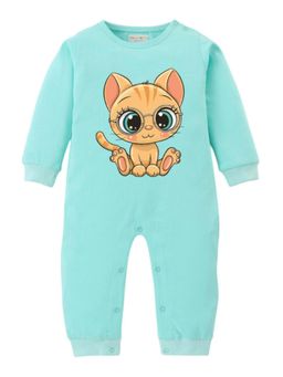 BLUSHES - Full Sleeves Cat Graphic Print Romper - Sea Green