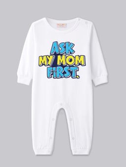 BLUSHES - Full Sleeves Ask My Mom First Text Print Romper - White
