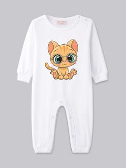 BLUSHES - Full Sleeves Cat Graphic Print Romper - White