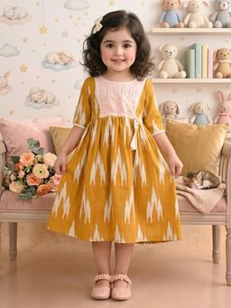 Kinder Kids - Cotton Three Fourth Sleeves Schiffli Knee Length Dress - Yellow