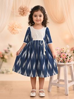 Kinder Kids - Cotton Three Fourth Sleeves Schiffli Knee Length Dress - Blue