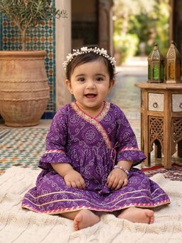 Kinder Kids - Cotton Bandhani Angrakha Style Knee Length Dress - Purple