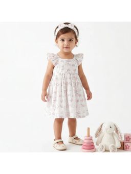 SWEETLIME BY AS - Pink Blossom Organic Cotton Knee Length Dress With Hairband - White