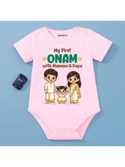 KNITROOT - Onam Theme My First Onam With Mumma and Papa Onesie - Pink