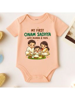KNITROOT - Onam Theme My First Onam Sadhya With Mumma and Papa Onesie - Peach