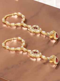 OOMPH - Combo Of 2 Red Bridal Hathphool Hathpanja Bracelet with Ring - Kundan and Pearls