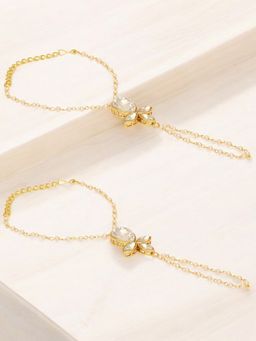 OOMPH - Combo Of 2 Gold Tone Hathphool Hathpanja Bracelet with Ring - Kundan and Pearl