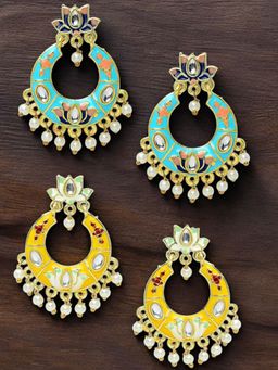 OOMPH - Combo Of 2 Ferozi Turquoise Blue and Yellow Meenakari Chandbali Earrings