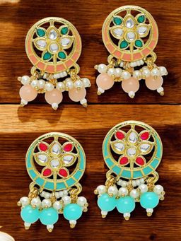 OOMPH - Combo Of 2 Peach Pink and Ferozi Blue Meenakari Stud Earrings Kundan Floral Design