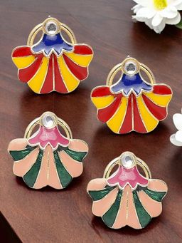 OOMPH - Combo Of 2 Red and Peach Pink Meenakari Stud Earrings - Indo-Western Floral Design