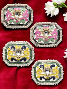 OOMPH - Combo Of 2 Pink and Yellow Meenakari Stud Earrings Rectangle Indo-Western Design