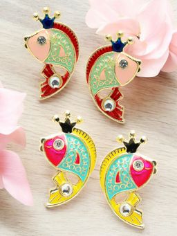 OOMPH - Combo Of 2 Pink Enamel Stud Earring Indo Western Feng Shui Good Luck Fish Design
