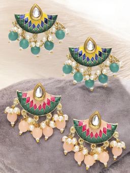 OOMPH - Combo Of 2 Meenakari Ethnic Drop Earrings - Green and Peach Pink Floral