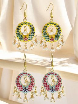 OOMPH - Combo Of 2 Meenakari Chandbali Earrings - Green and Pink Enamel Ethnic