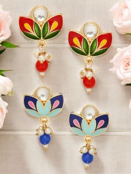 OOMPH - Combo Of 2 Red and Turquoise Blue Meenakari Stud Earrings - Floral Design
