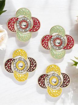 OOMPH - Combo Of 2 Rani Pink and Red Meenakari Ear Stud Earrings Floral Design with Kundan