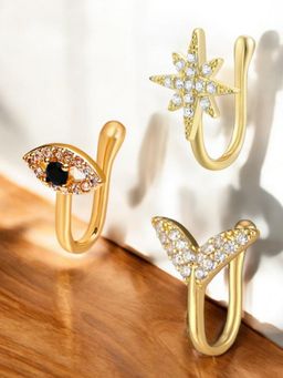 OOMPH - Combo Of 3 Gold Nose Pin - Cubic Zirconia Star, Heart, Fish Shape