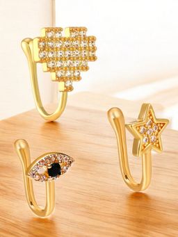 OOMPH - Combo Of 3 Gold Nose Pin - Cubic Zirconia Star, Heart, Evil Eye Shape