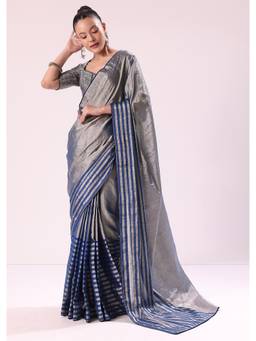 KALKI FASHION - Blue and Silver Half Striped Chanderi Saree with Unstitched Blouse