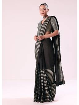 KALKI FASHION - Black and Silver Half Striped Chanderi Saree and Unstitched Blouse
