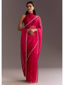 KALKI FASHION - Rani Pink Glass Tissue Saree with Cutdana and Sequins Scallop Border