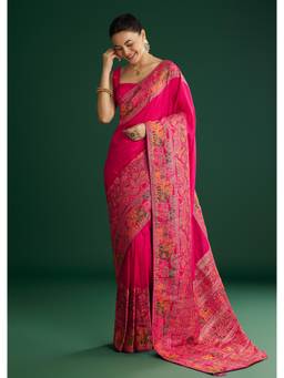 KALKI FASHION - Rani Pink Dola Silk Woven Saree with Floral and Animal Prints