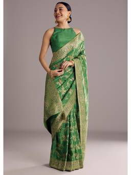 KALKI FASHION - Pista Green Saree with Zari Jaal Weave and Stone Embellishments