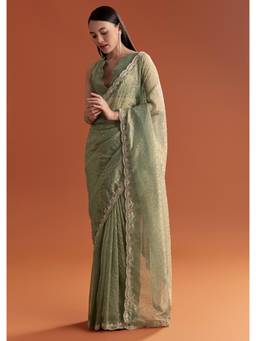 KALKI FASHION - Olive Green Jacquard Saree with Stone and Sequin Embroidery