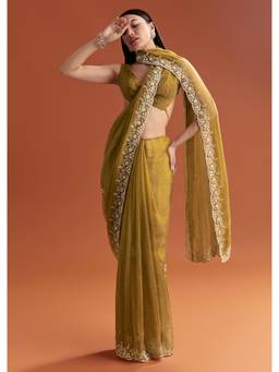 KALKI FASHION - Mustard Yellow Tissue Saree with Floral Butti Embroidery