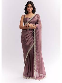 KALKI FASHION - Mauve Silk Organza Saree with Heavy Hand Embroidery