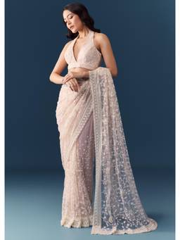 KALKI FASHION - Pink Net Jaal Resham Work Saree with Unstitched Blouse