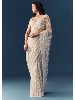 KALKI FASHION - Off White Net Jaal Embellished Saree with Unstitched Blouse
