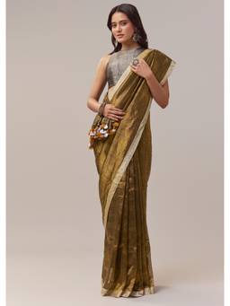 KALKI FASHION - Olive Gold Silk Linen Saree with Beige Gold Border and Handcrafted Tassels