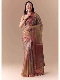 KALKI FASHION - Maroon Shaded Organza Silk Saree with Unstitched Blouse