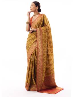 KALKI FASHION - Mustard Yellow Satin Silk Woven Saree