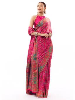 KALKI FASHION - Rani Pink Satin Woven Saree with Multicolor Woven Motifs