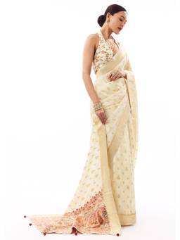 KALKI FASHION - Off-White Dola Silk Woven Saree with Golden Butti and Multicolour Brocade Jaal Pallu