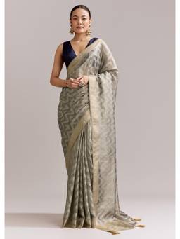 KALKI FASHION - Grey Tissue Silk Woven Saree with Zig Zag Motif and Zari Border