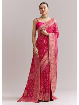 KALKI FASHION - Pink Georgette Woven Saree with Floral Border and Bandhani Print