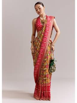 KALKI FASHION - Red Dola Silk Woven Bandhani Saree with Gotapatti Detailing