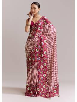 KALKI FASHION - Wine and Off White Satin Saree with Ikat-Style Floral Birds Border