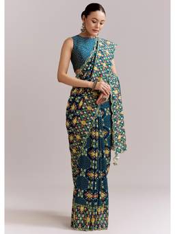 KALKI FASHION - Teal Blue Satin Saree with Ajrakh Print and Scallop Gota Zari Border